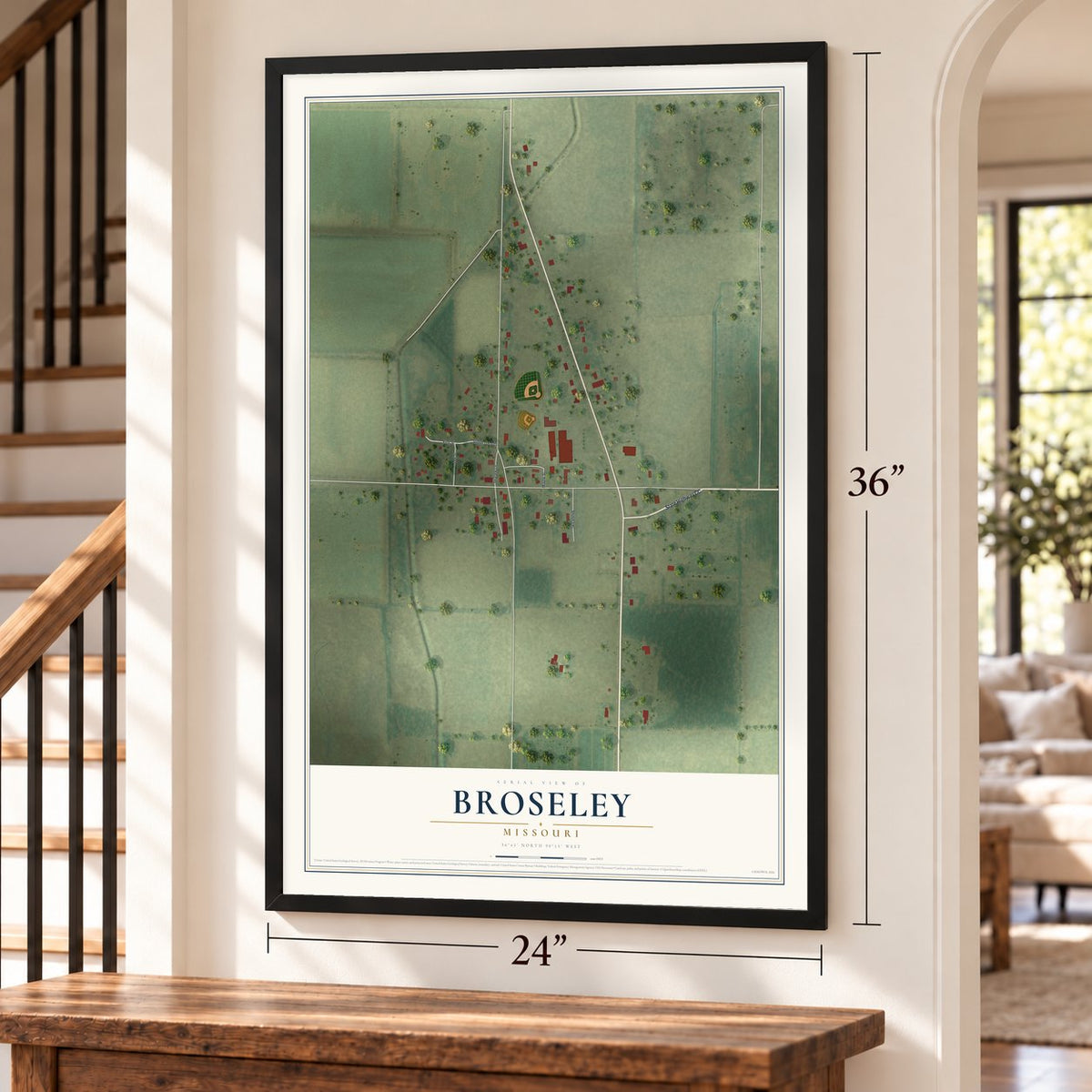 Broseley, Missouri map, 24 x 36 inch print in a black frame by a staircase