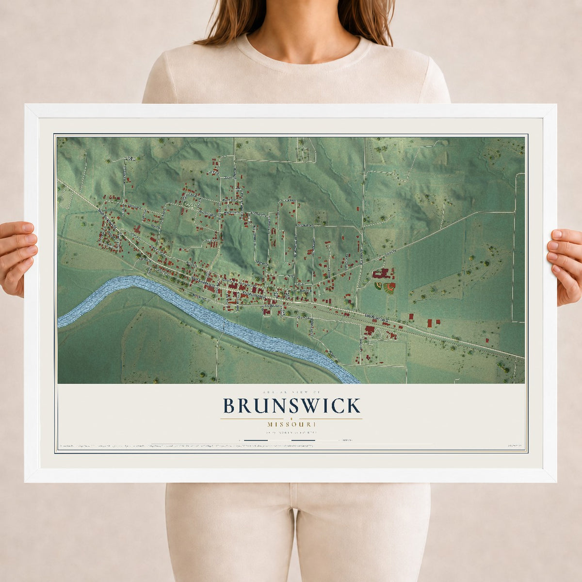 Map of Brunswick, Missouri, 18 x 24 inch print in a white wood frame