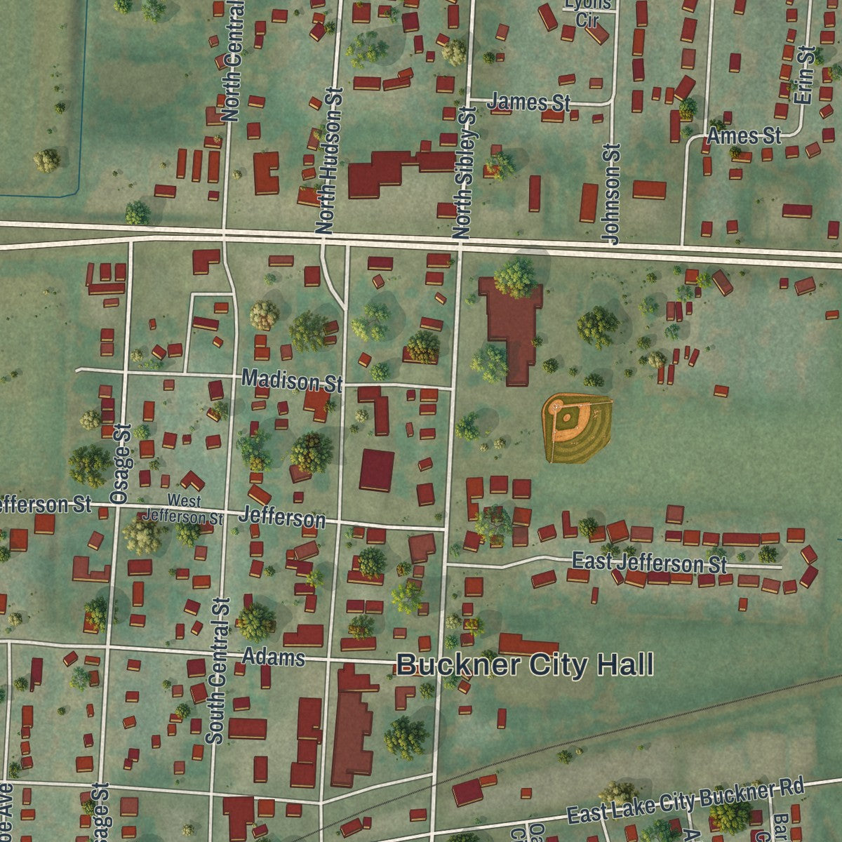 Close-up of the map of Buckner, Missouri print showing street and building detail