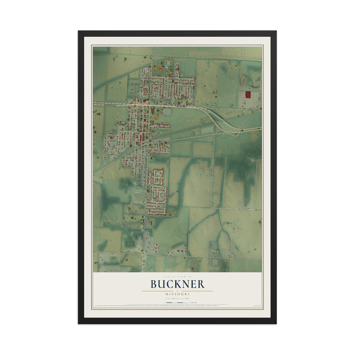 Map of Buckner, Missouri, 12 x 18 inch print in a black wood frame