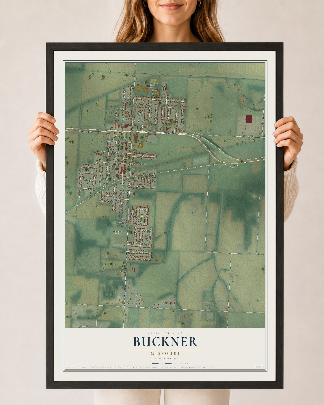 Map of Buckner, Missouri, 24 x 36 inch print in a black wood frame