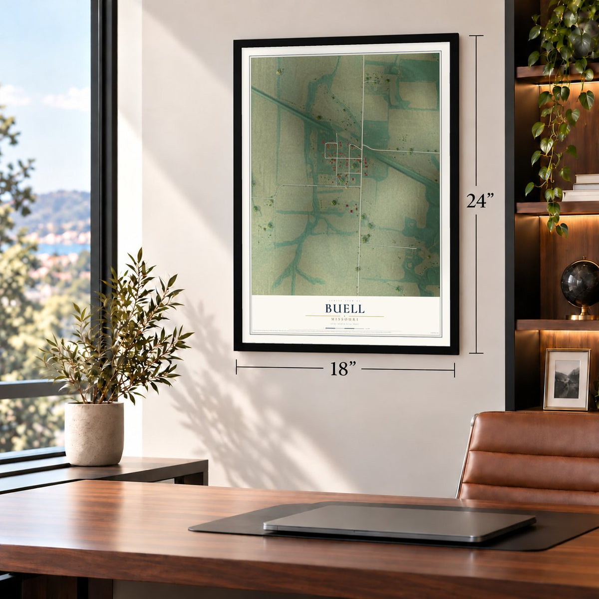 Buell, Missouri map, 18 x 24 inch print in a black frame in a home office