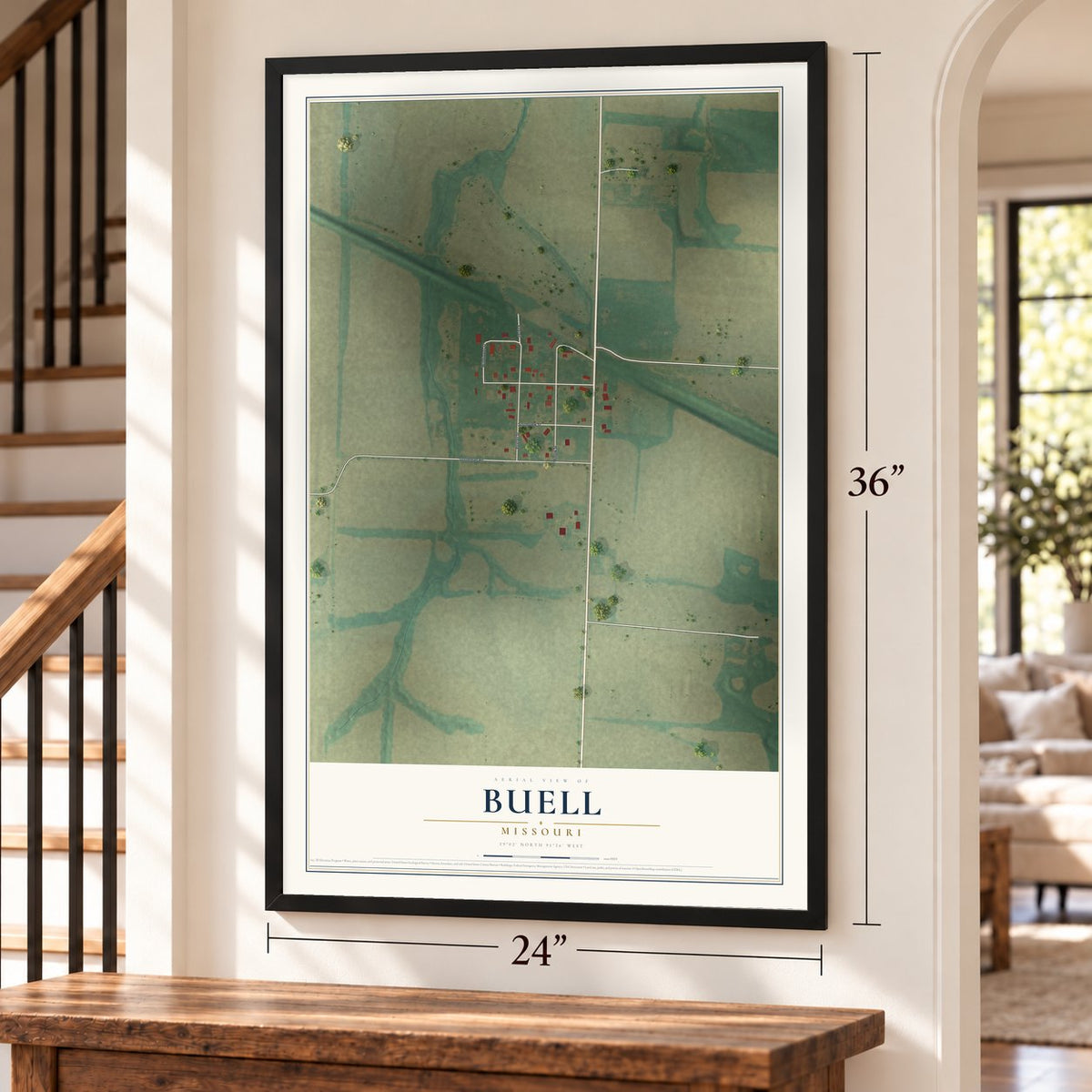 Buell, Missouri map, 24 x 36 inch print in a black frame by a staircase