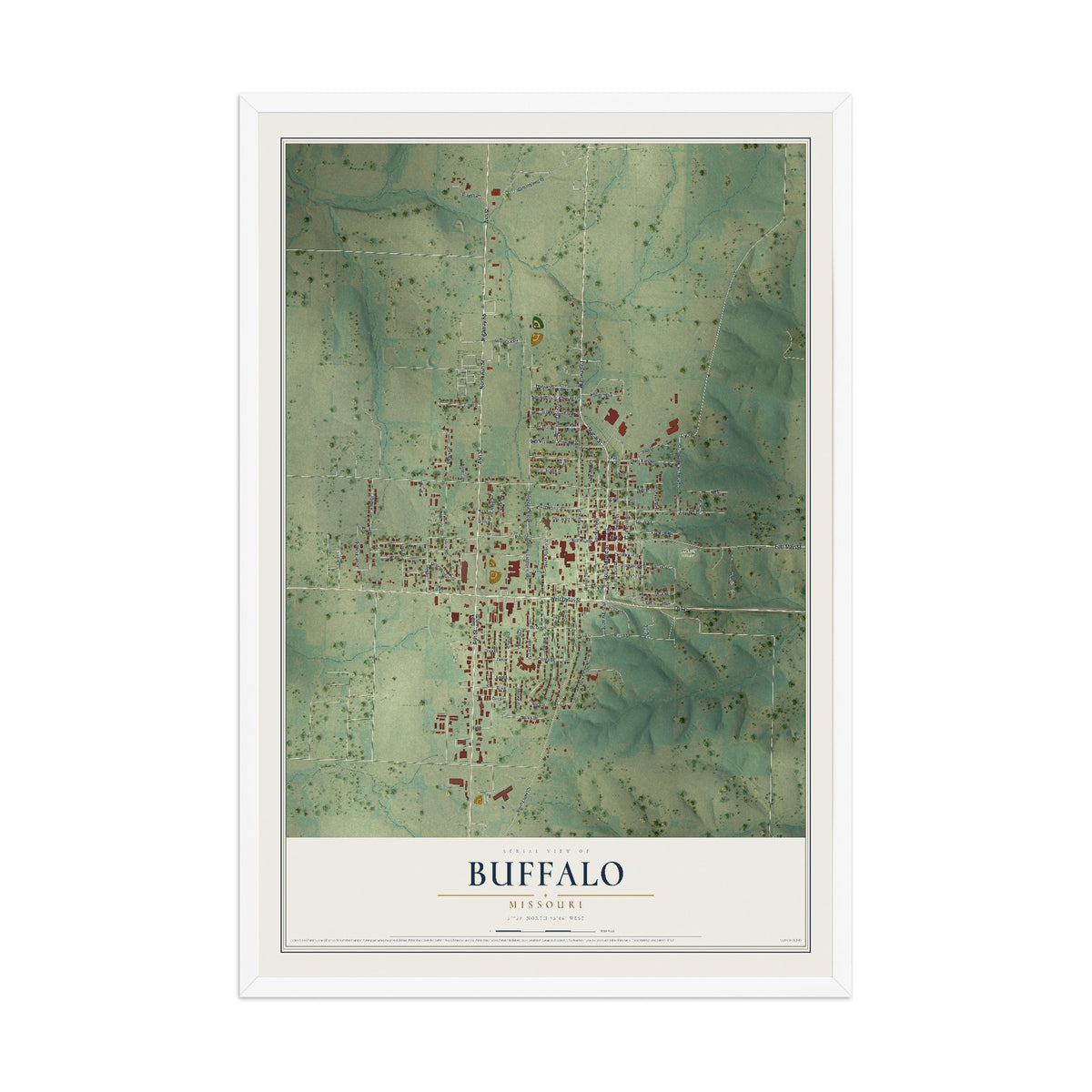Map of Buffalo, Missouri, 12 x 18 inch print in a white wood frame