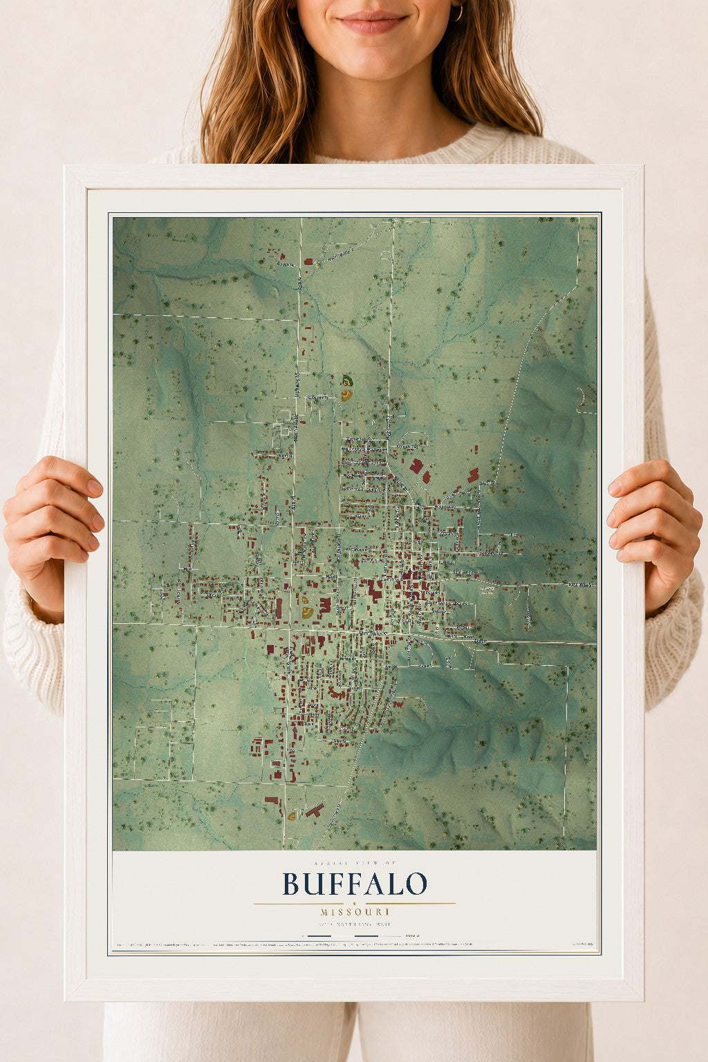 Map of Buffalo, Missouri, 18 x 24 inch print in a white wood frame