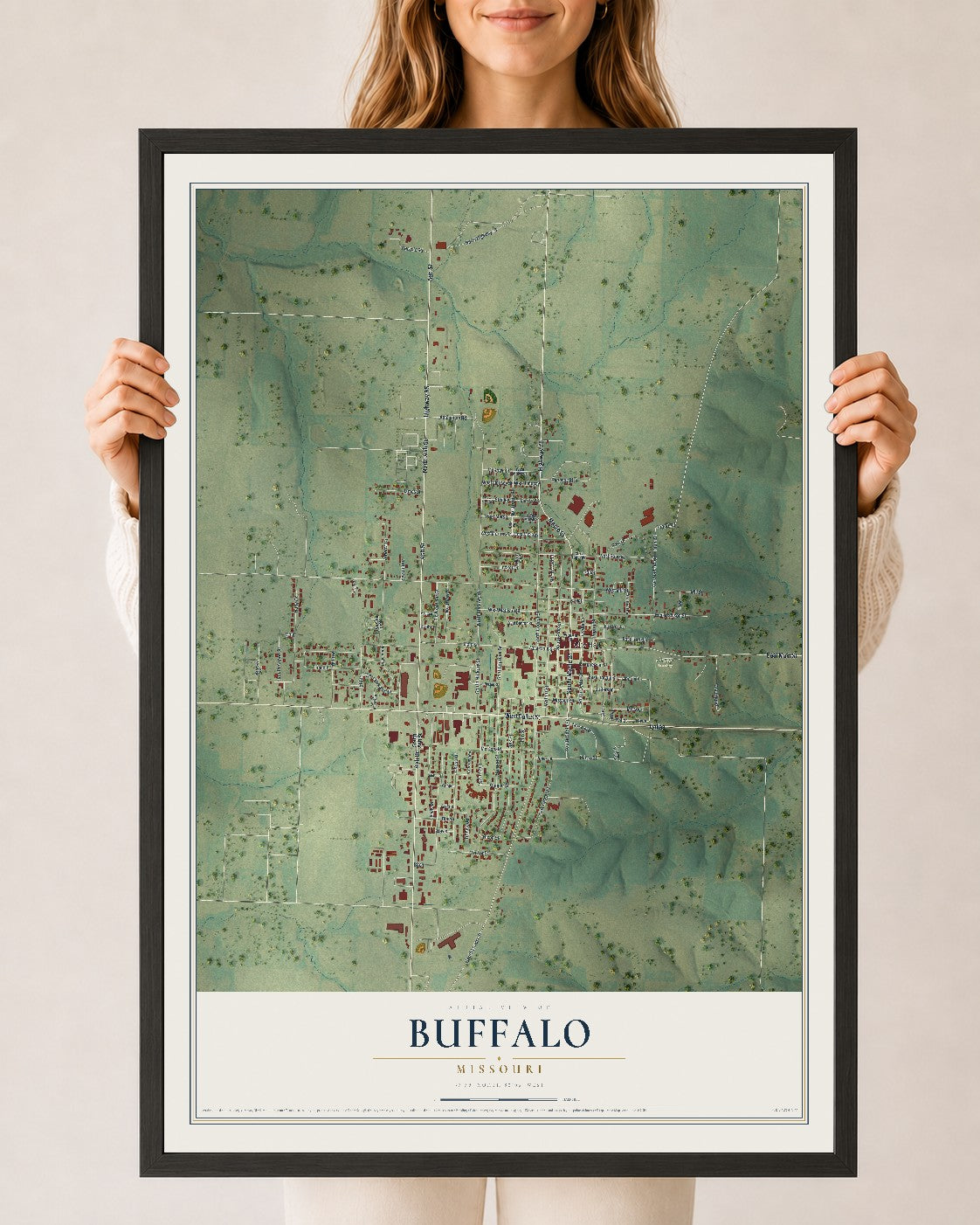 Map of Buffalo, Missouri, 24 x 36 inch print in a black wood frame
