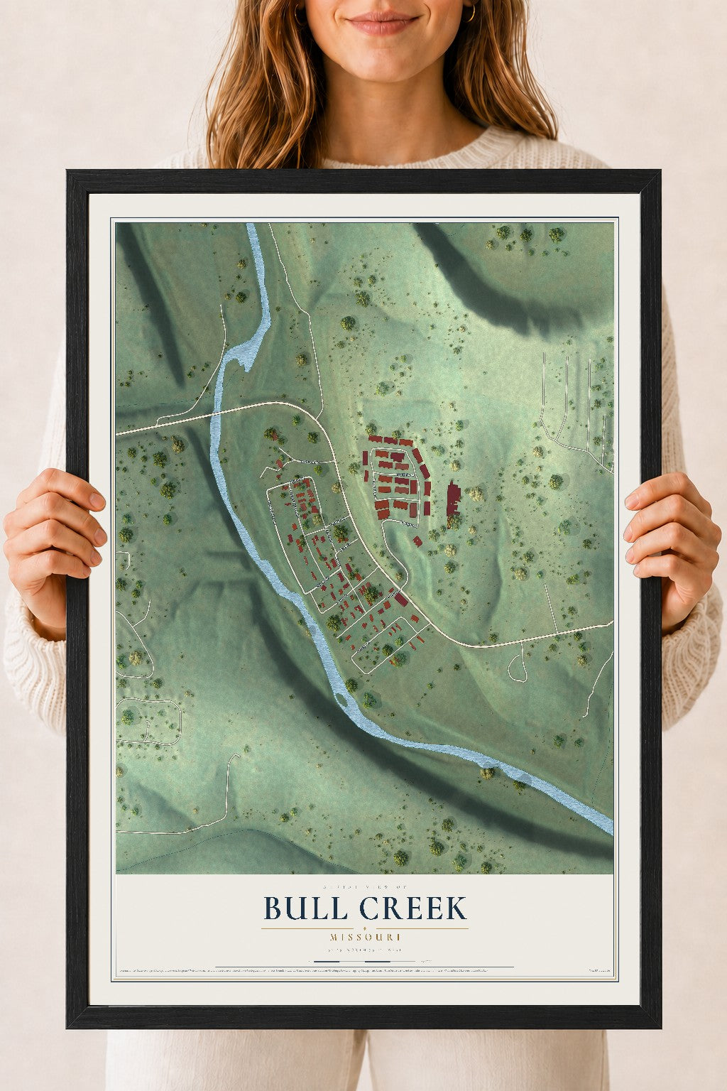 Map of Bull Creek, Missouri, 18 x 24 inch print in a black wood frame