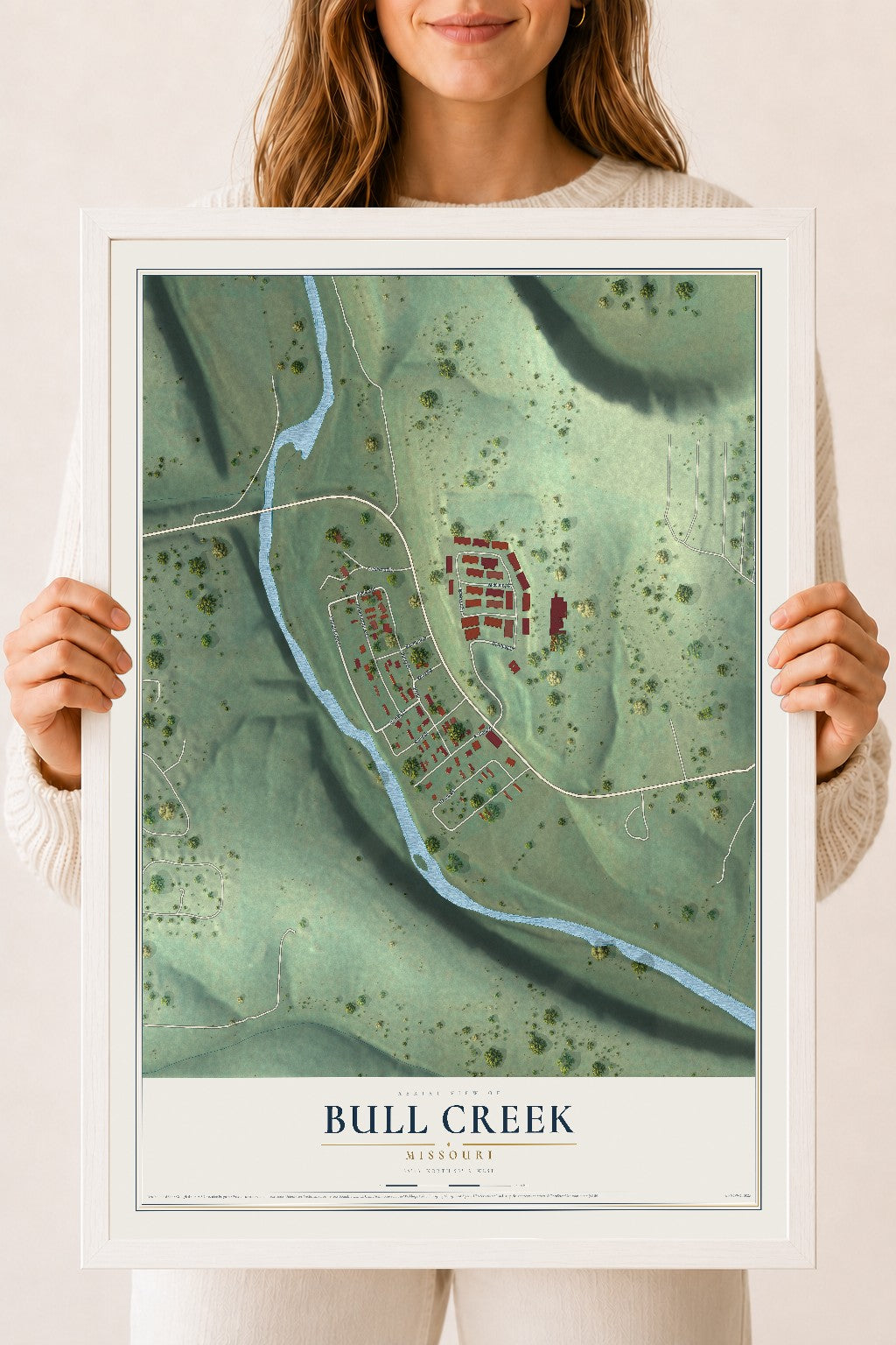 Map of Bull Creek, Missouri, 18 x 24 inch print in a white wood frame