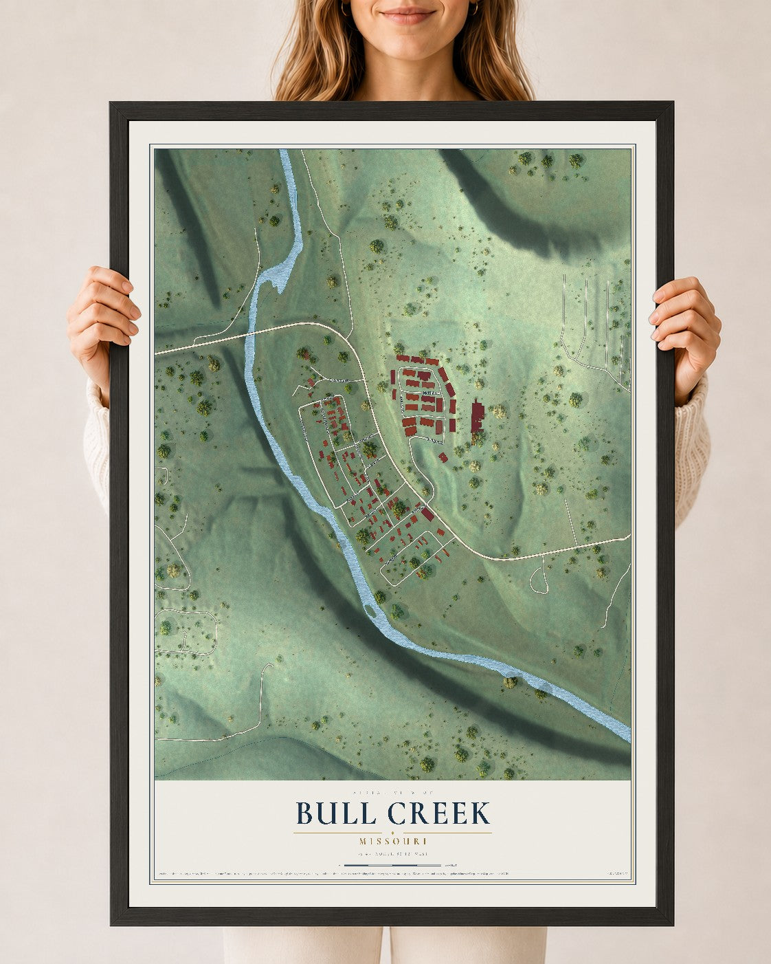 Map of Bull Creek, Missouri, 24 x 36 inch print in a black wood frame