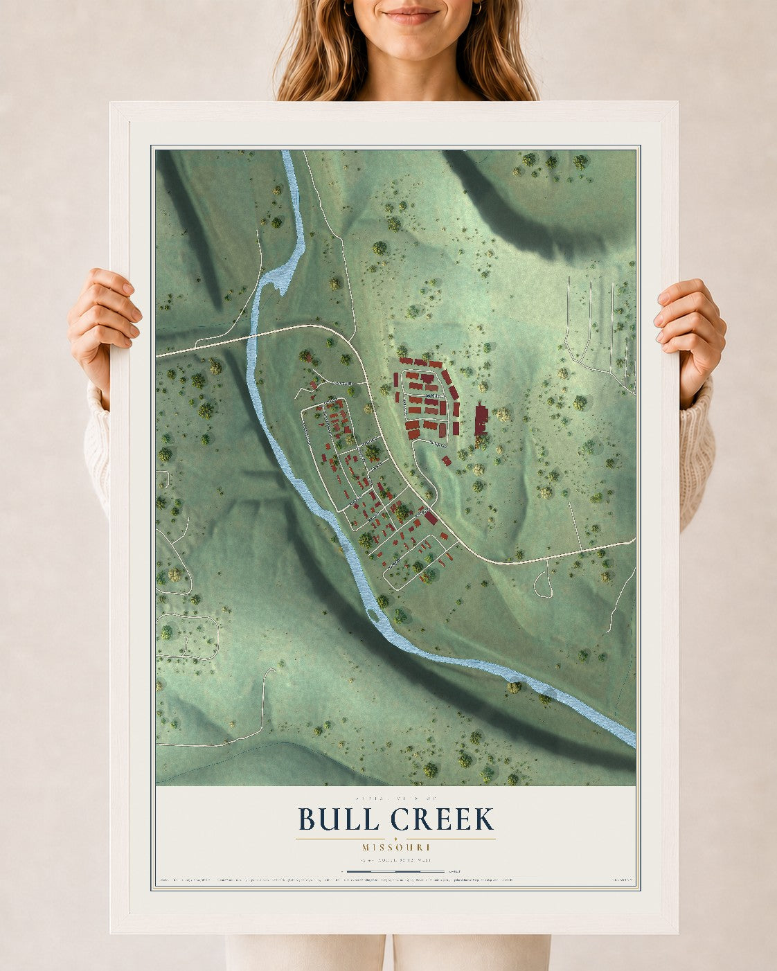 Map of Bull Creek, Missouri, 24 x 36 inch print in a white wood frame
