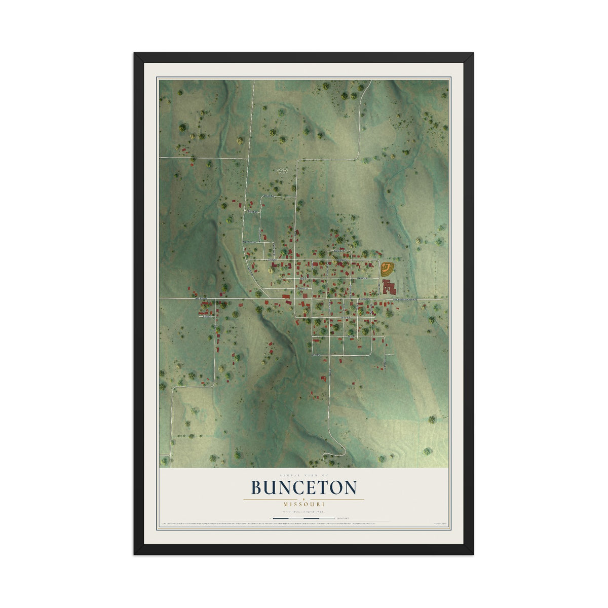 Map of Bunceton, Missouri, 12 x 18 inch print in a black wood frame