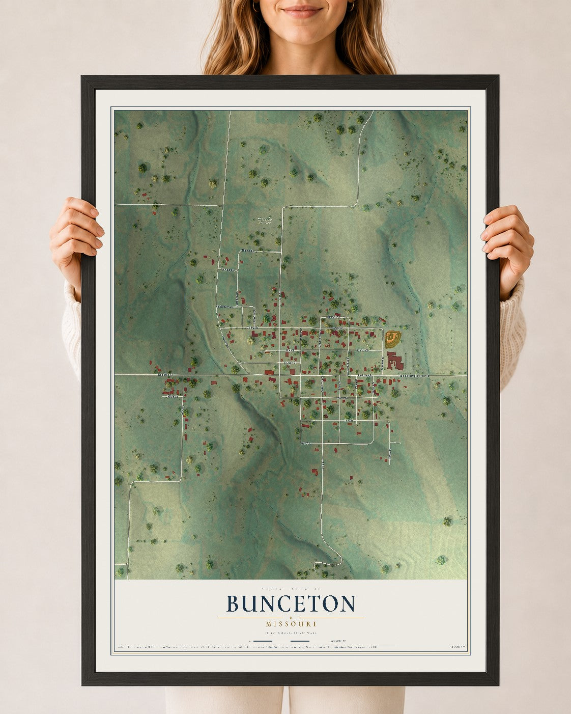 Map of Bunceton, Missouri, 24 x 36 inch print in a black wood frame