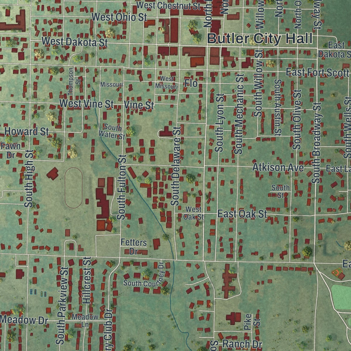 Close-up of the map of Butler, Missouri print showing street and building detail