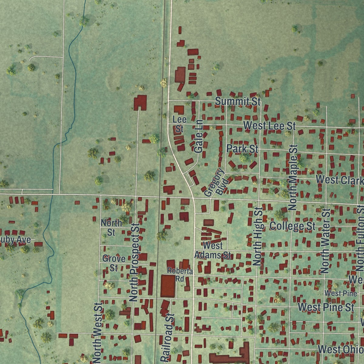 Second close-up of the map of Butler, Missouri print showing more streets and buildings