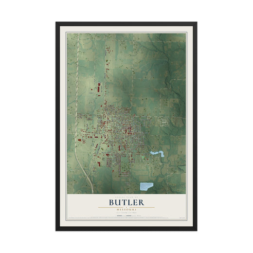 Map of Butler, Missouri, 12 x 18 inch print in a black wood frame