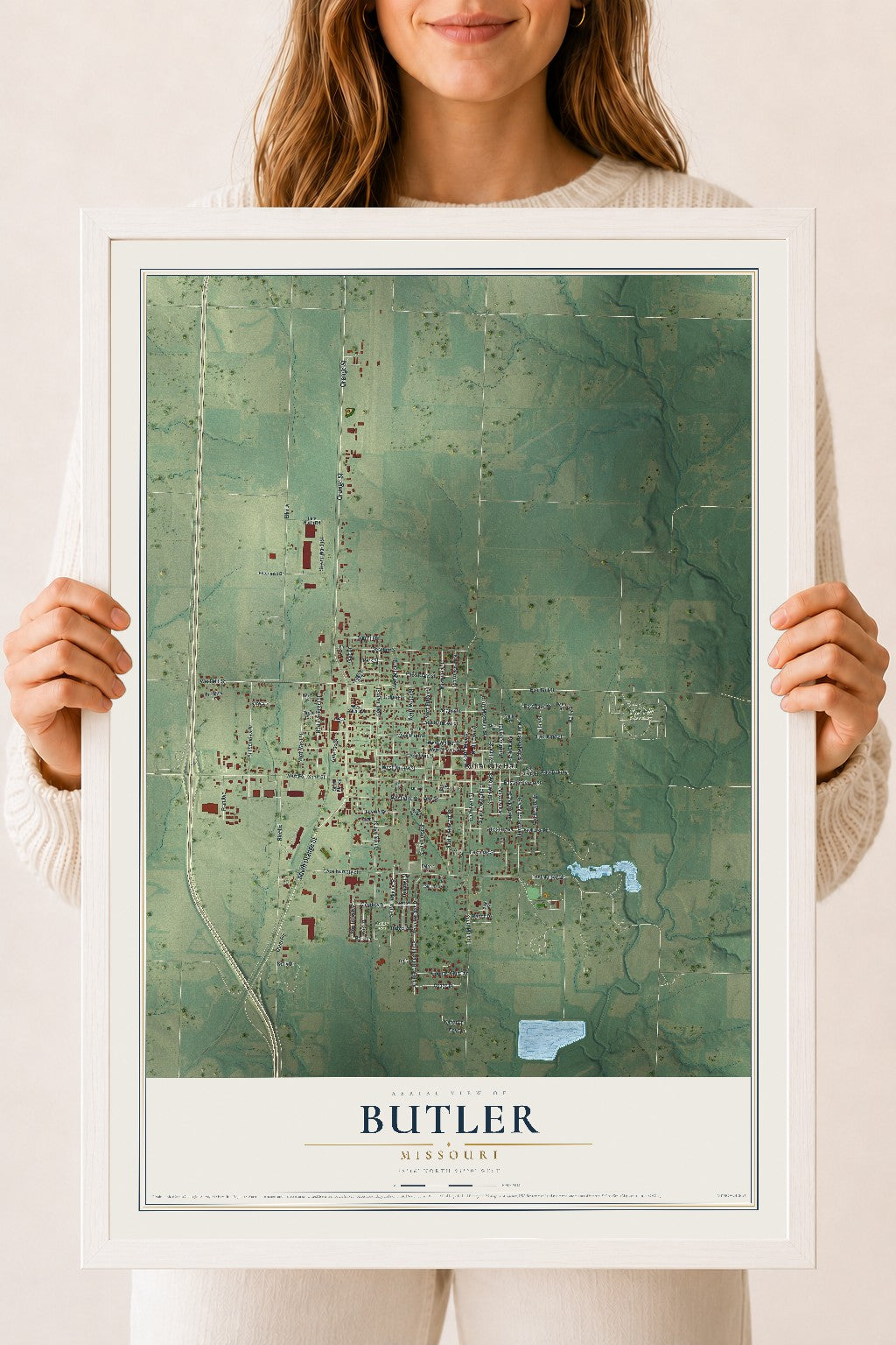 Map of Butler, Missouri, 18 x 24 inch print in a white wood frame