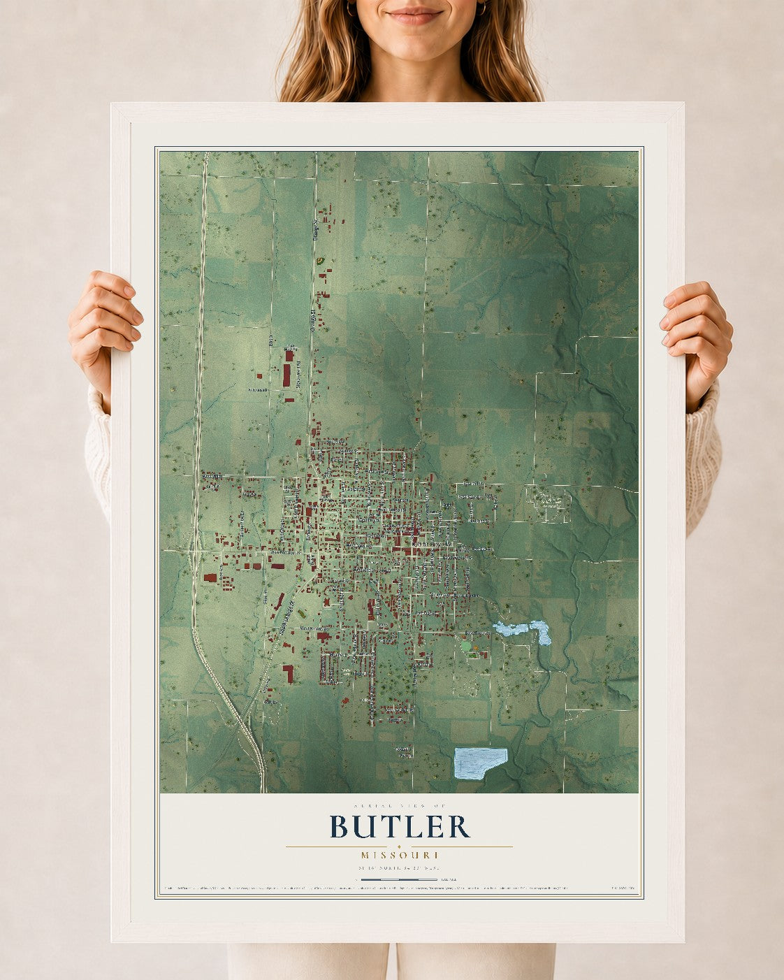 Map of Butler, Missouri, 24 x 36 inch print in a white wood frame