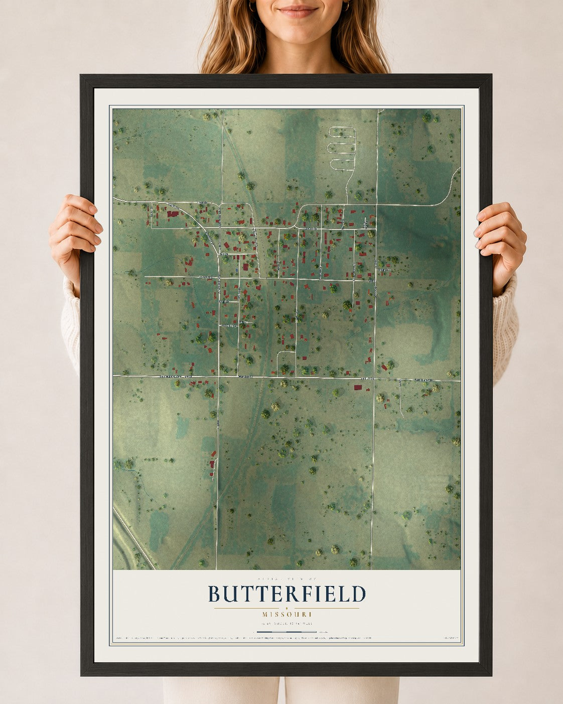 Map of Butterfield, Missouri, 24 x 36 inch print in a black wood frame