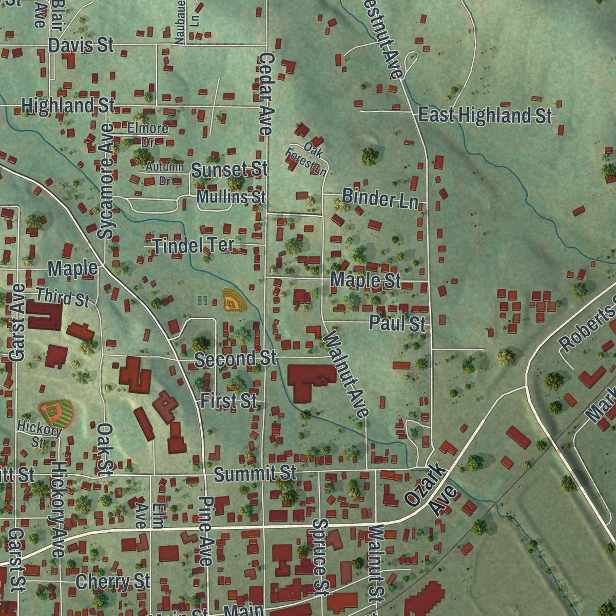 Close-up of the map of Cabool, Missouri print showing street and building detail
