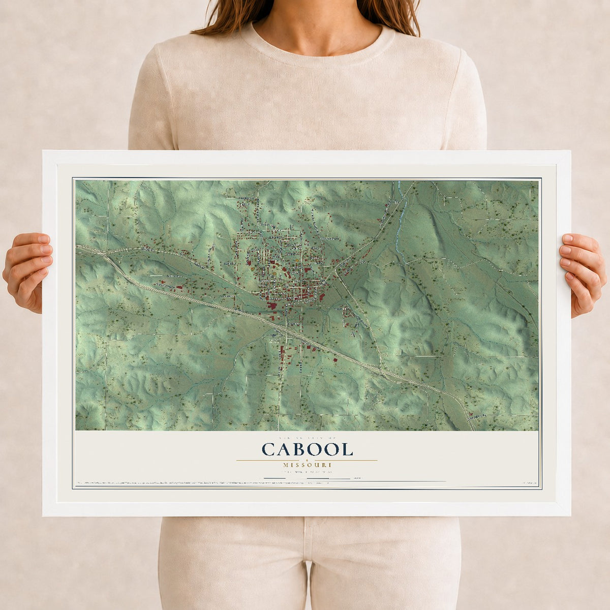 Map of Cabool, Missouri, 12 x 18 inch print in a white wood frame