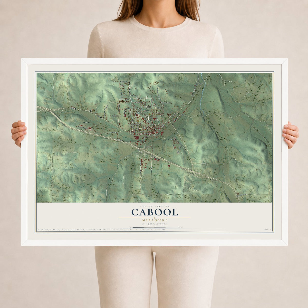 Map of Cabool, Missouri, 24 x 36 inch print in a white wood frame