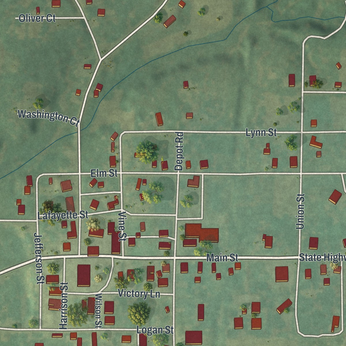 Close-up of the map of Cainsville, Missouri print showing street and building detail