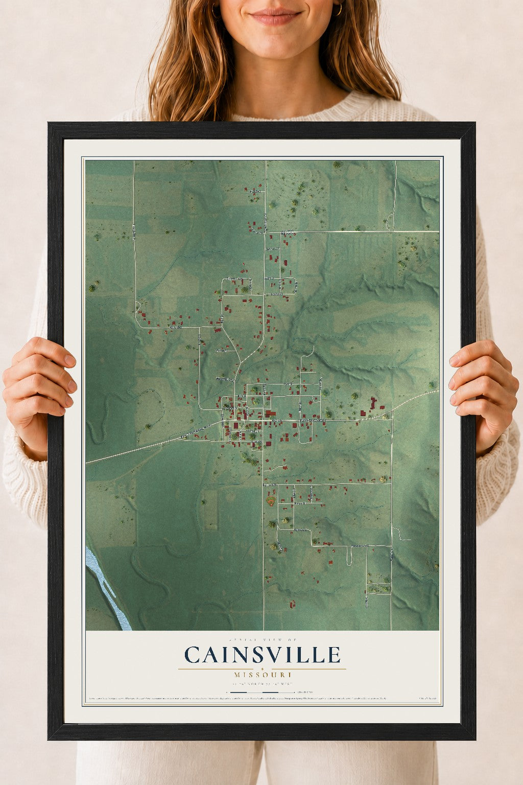 Map of Cainsville, Missouri, 18 x 24 inch print in a black wood frame
