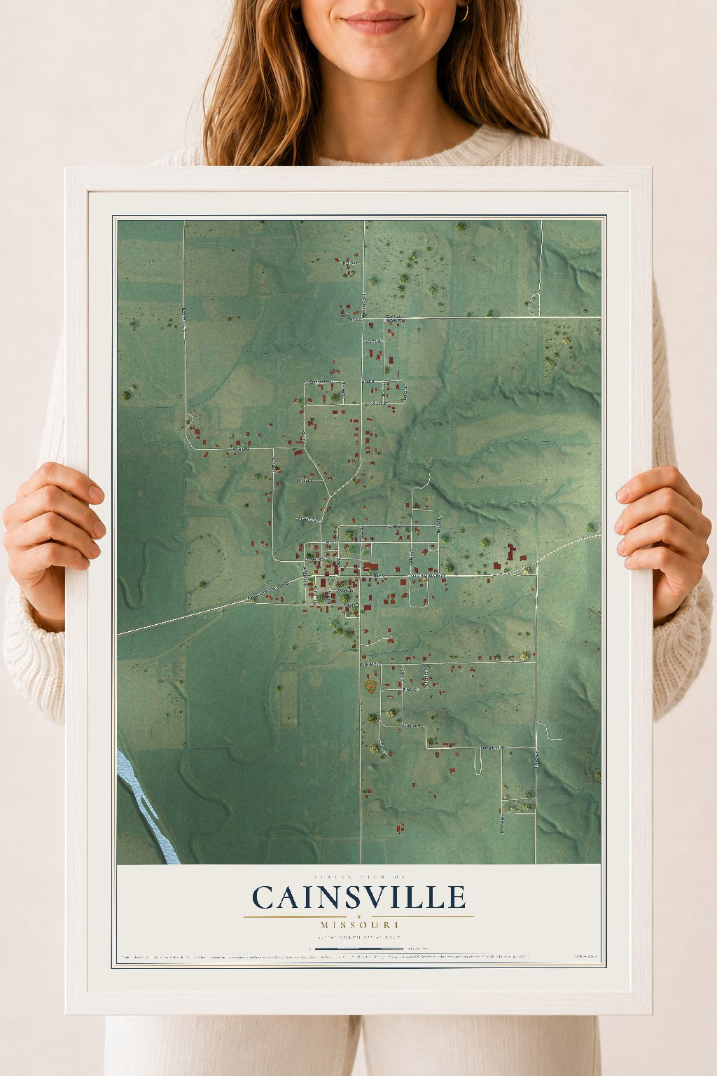Map of Cainsville, Missouri, 18 x 24 inch print in a white wood frame