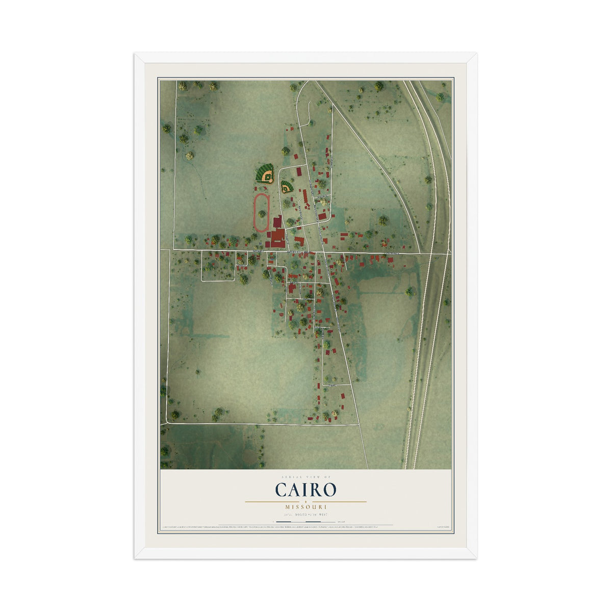Map of Cairo, Missouri, 12 x 18 inch print in a white wood frame