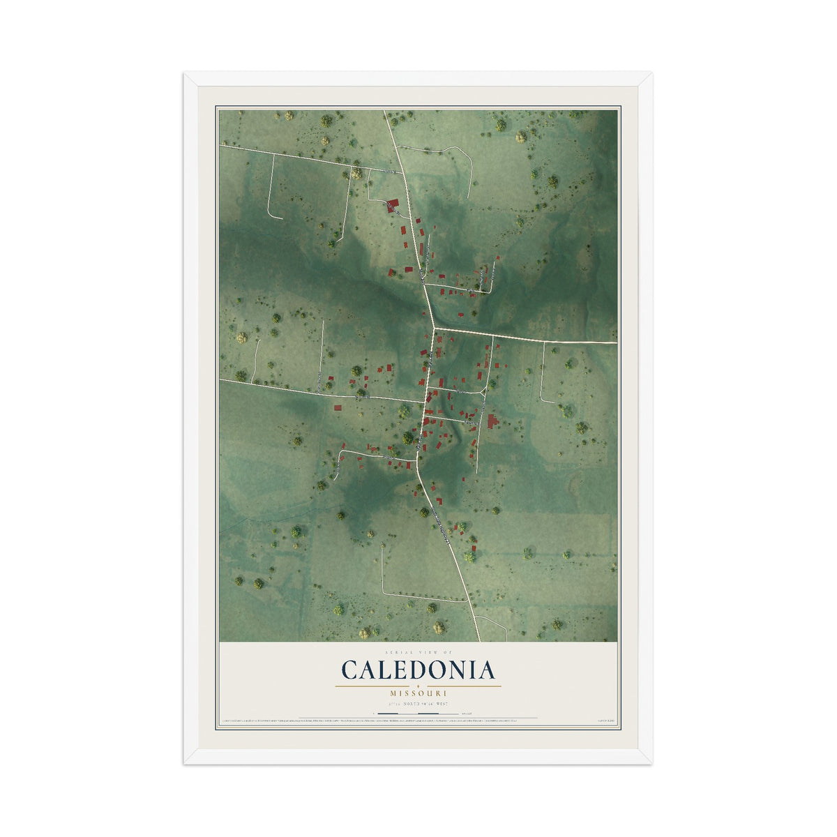 Map of Caledonia, Missouri, 12 x 18 inch print in a white wood frame