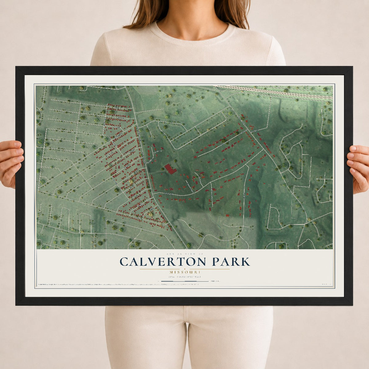 Map of Calverton Park, Missouri, 18 x 24 inch print in a black wood frame