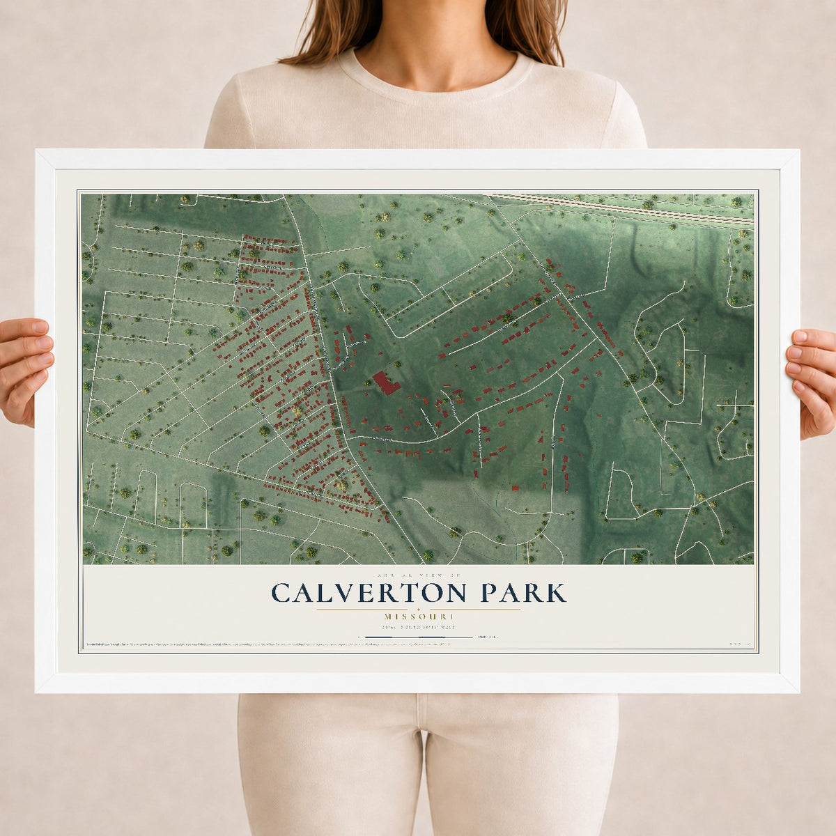Map of Calverton Park, Missouri, 18 x 24 inch print in a white wood frame