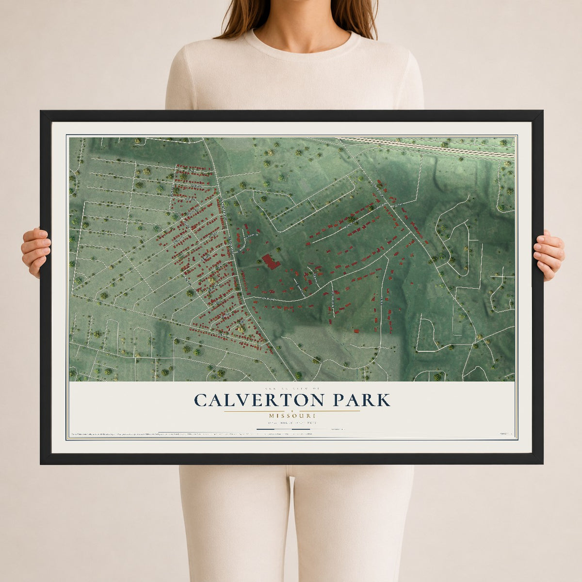 Map of Calverton Park, Missouri, 24 x 36 inch print in a black wood frame