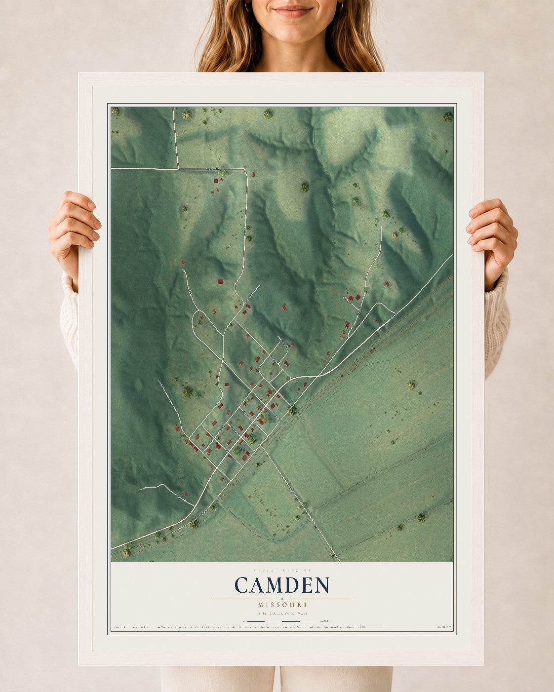 Map of Camden, Missouri, 24 x 36 inch print in a white wood frame