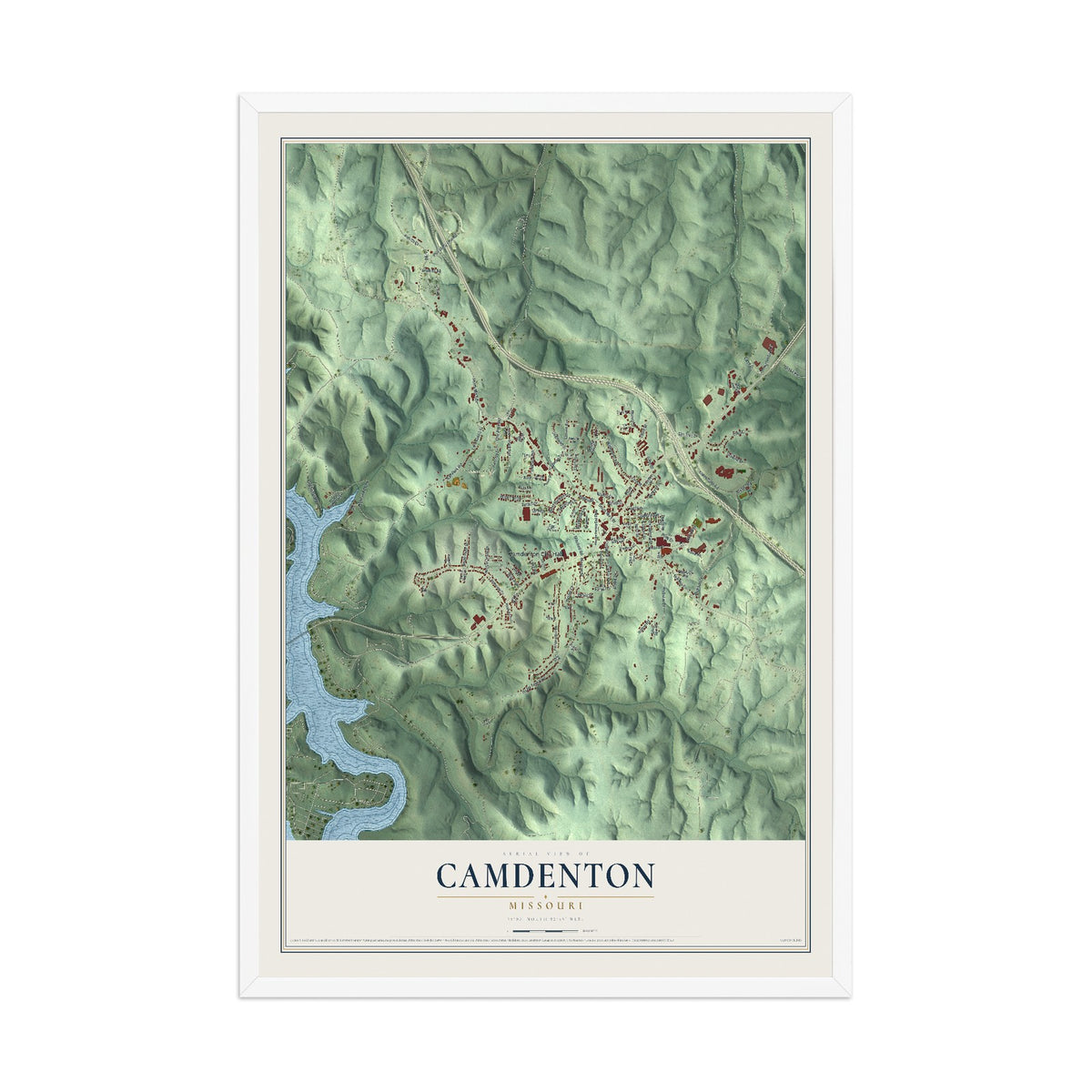 Map of Camdenton, Missouri, 12 x 18 inch print in a white wood frame