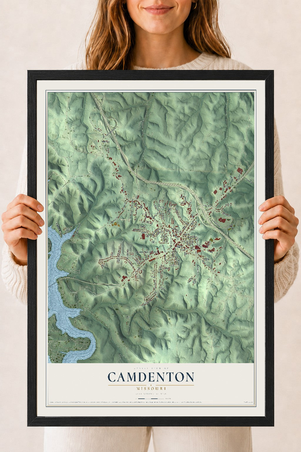 Map of Camdenton, Missouri, 18 x 24 inch print in a black wood frame