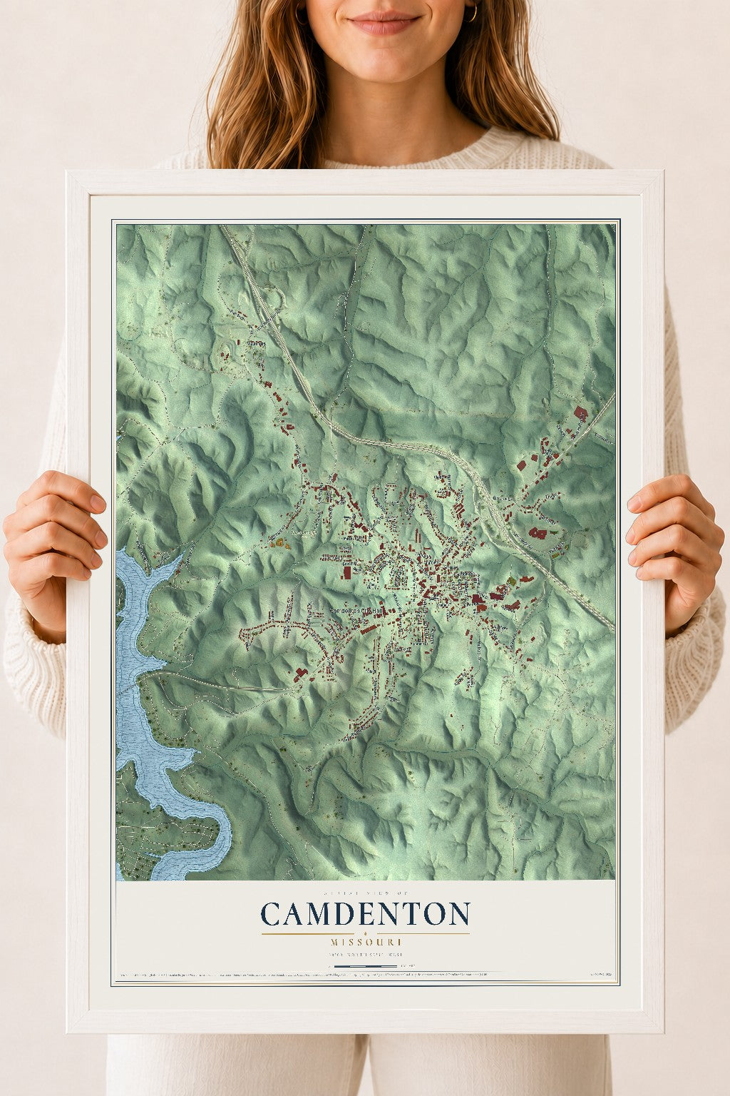 Map of Camdenton, Missouri, 18 x 24 inch print in a white wood frame