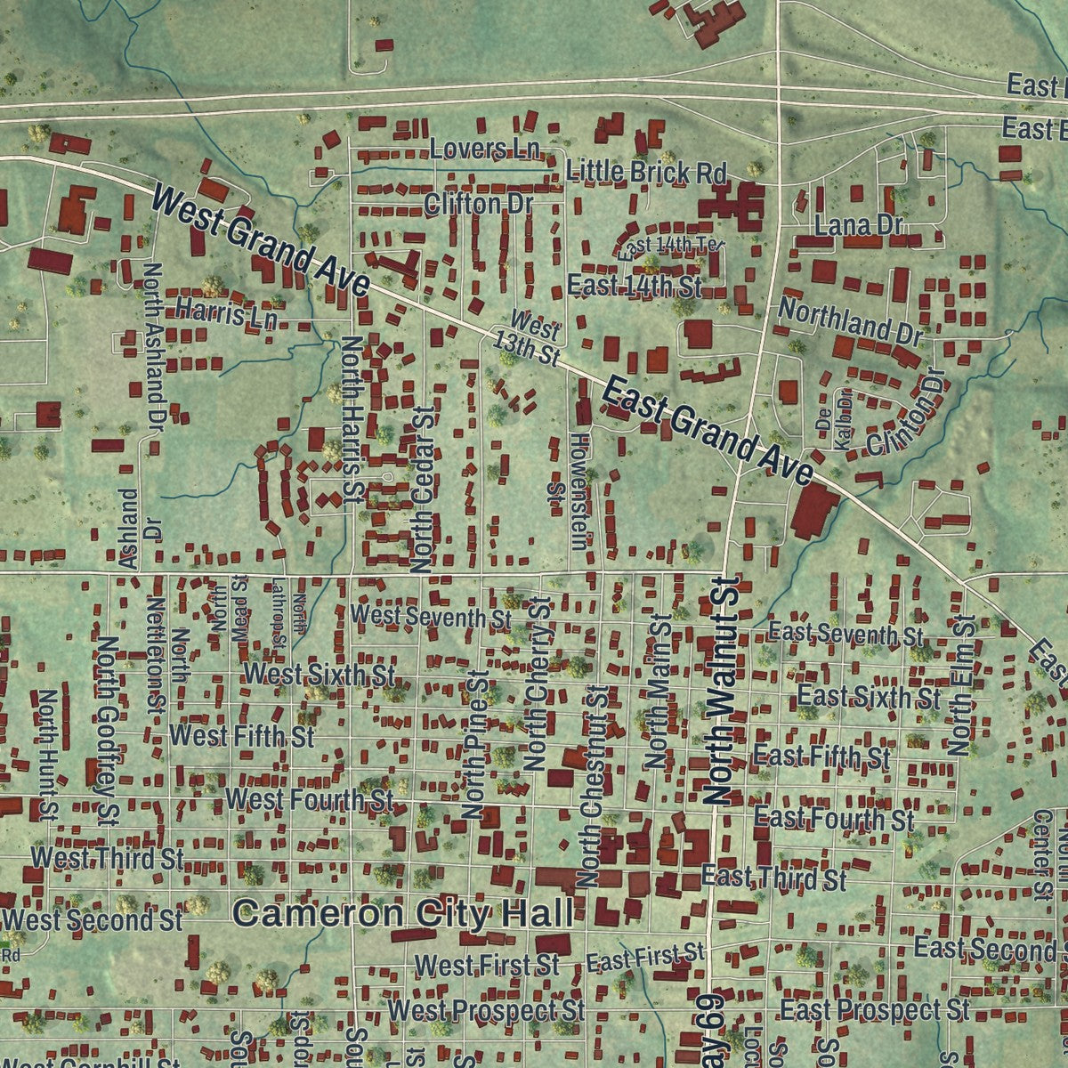Close-up of the map of Cameron, Missouri print showing street and building detail