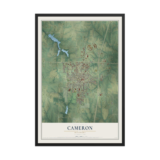 Map of Cameron, Missouri, 12 x 18 inch print in a black wood frame
