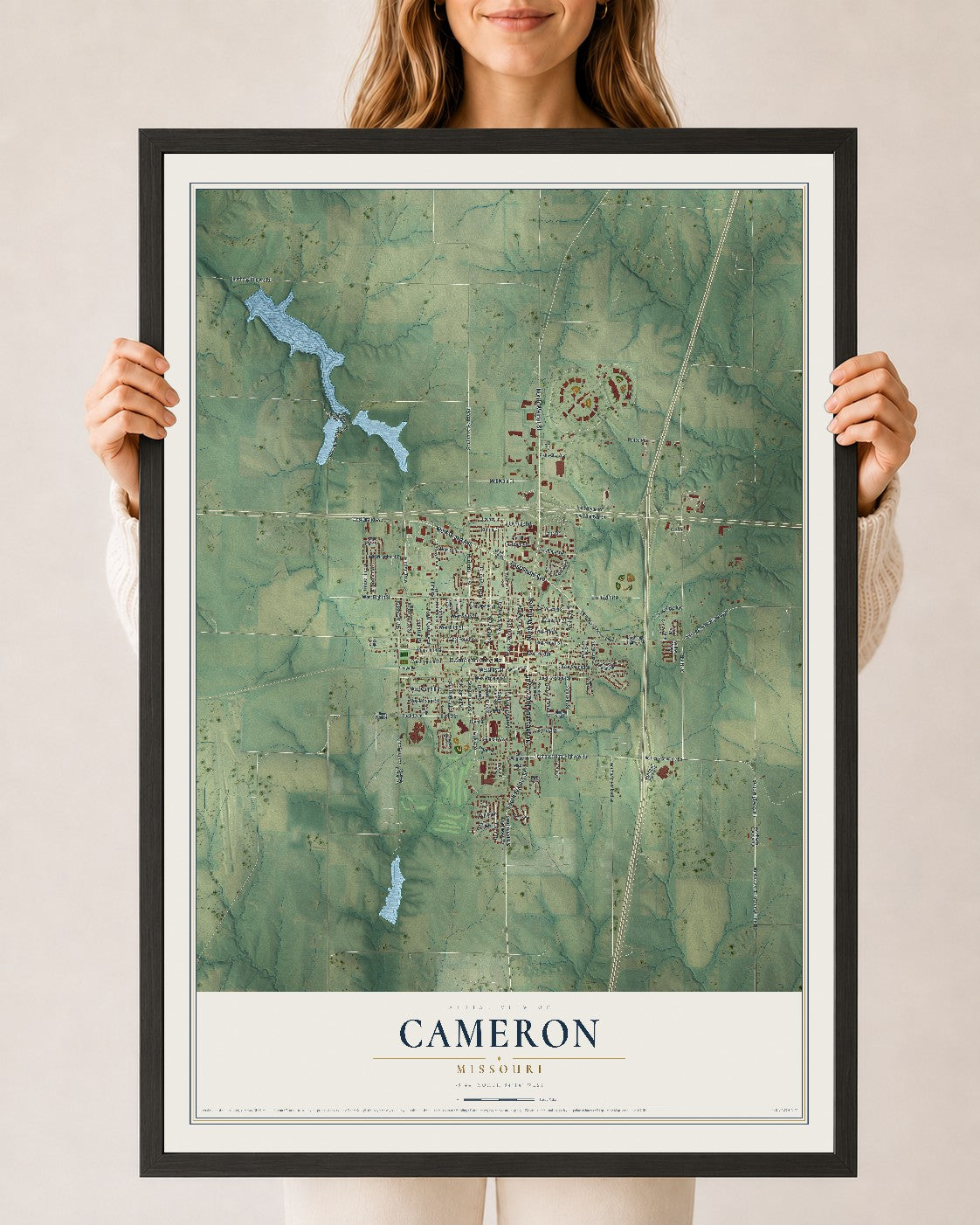 Map of Cameron, Missouri, 24 x 36 inch print in a black wood frame
