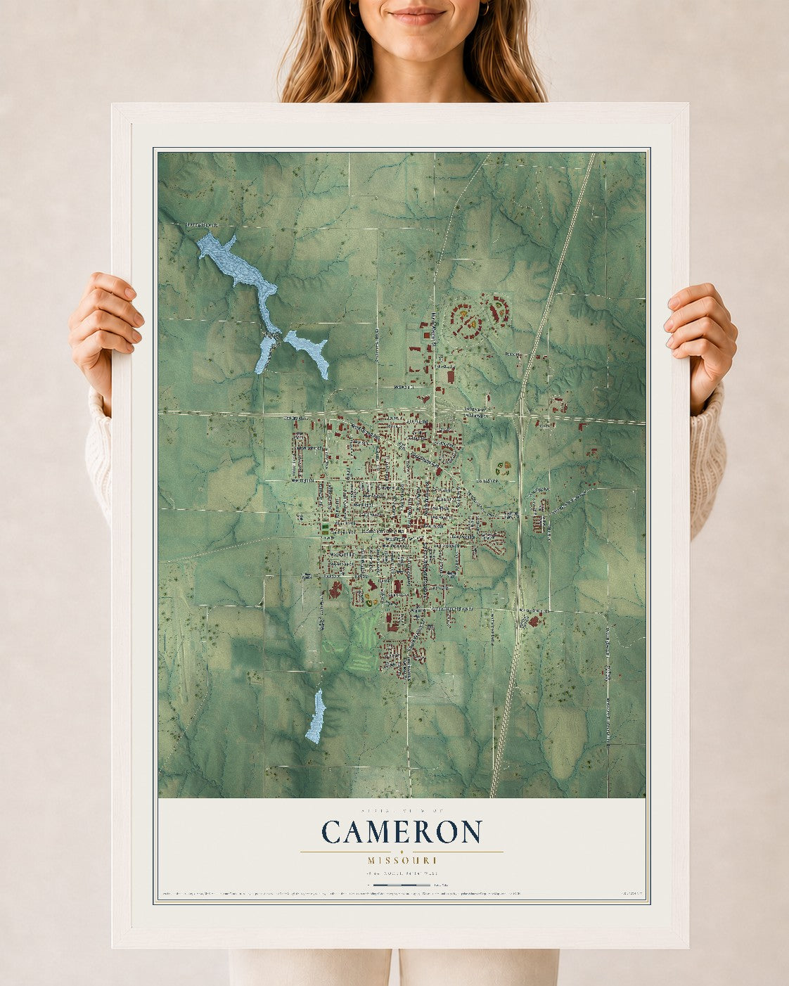 Map of Cameron, Missouri, 24 x 36 inch print in a white wood frame