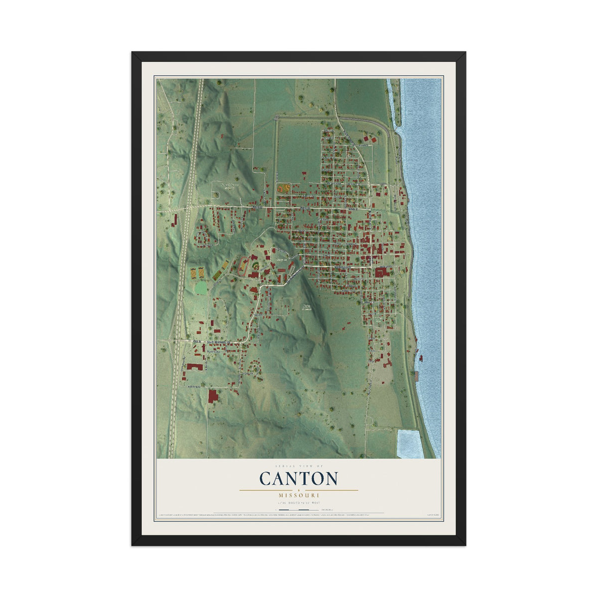 Map of Canton, Missouri, 12 x 18 inch print in a black wood frame