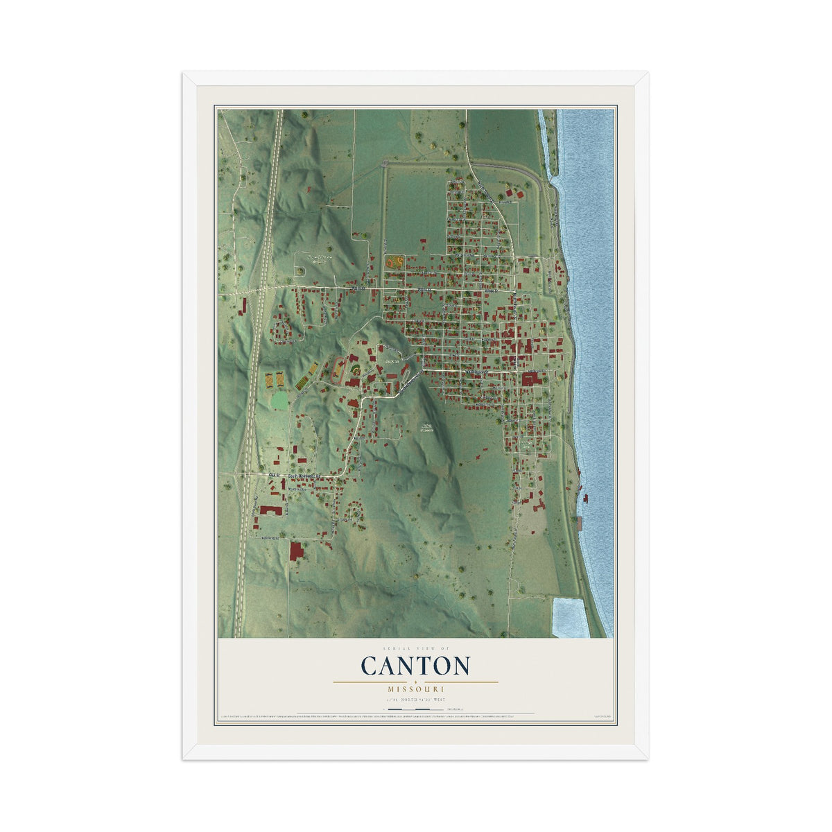Map of Canton, Missouri, 12 x 18 inch print in a white wood frame