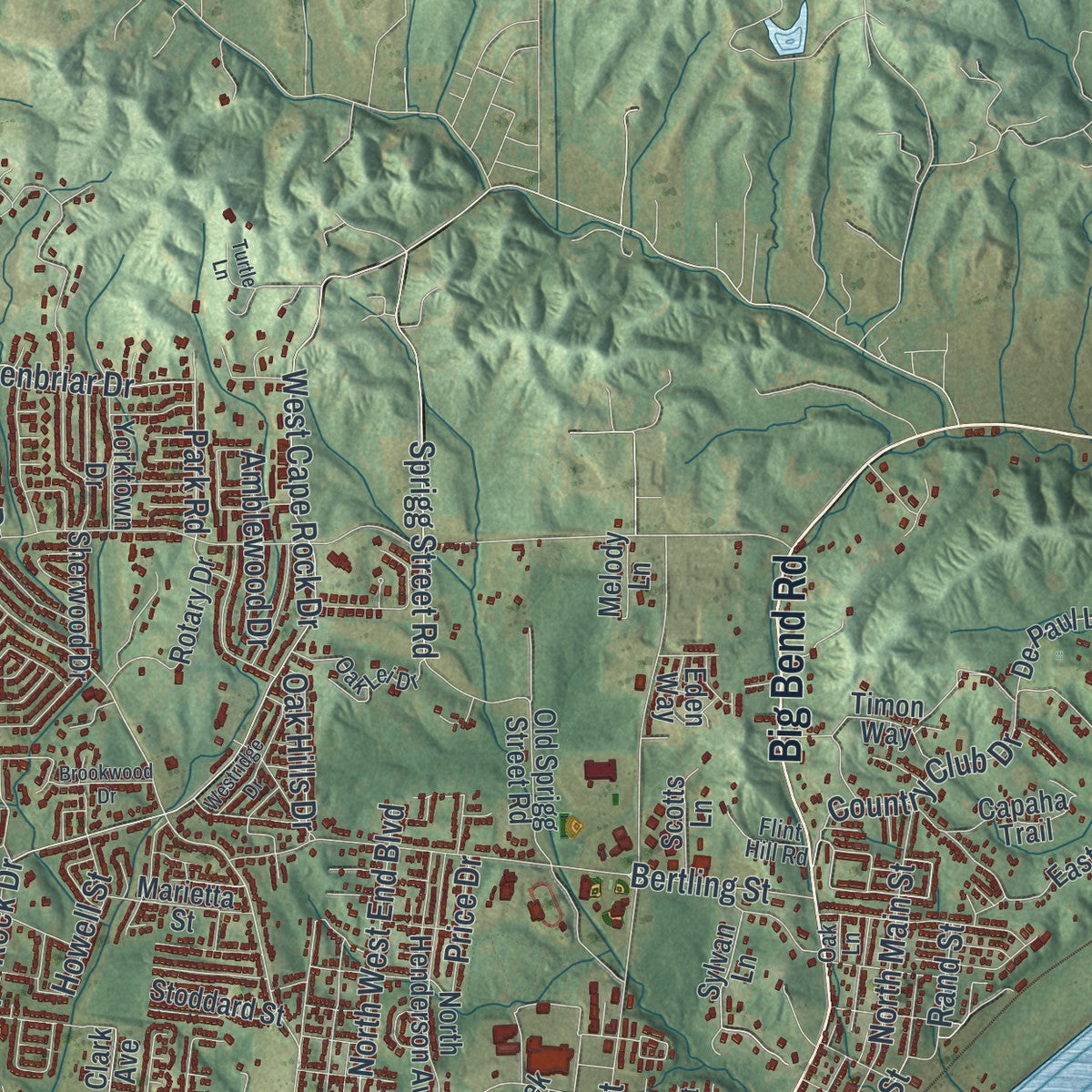 Second close-up of the map of Cape Girardeau, Missouri print showing more streets and buildings