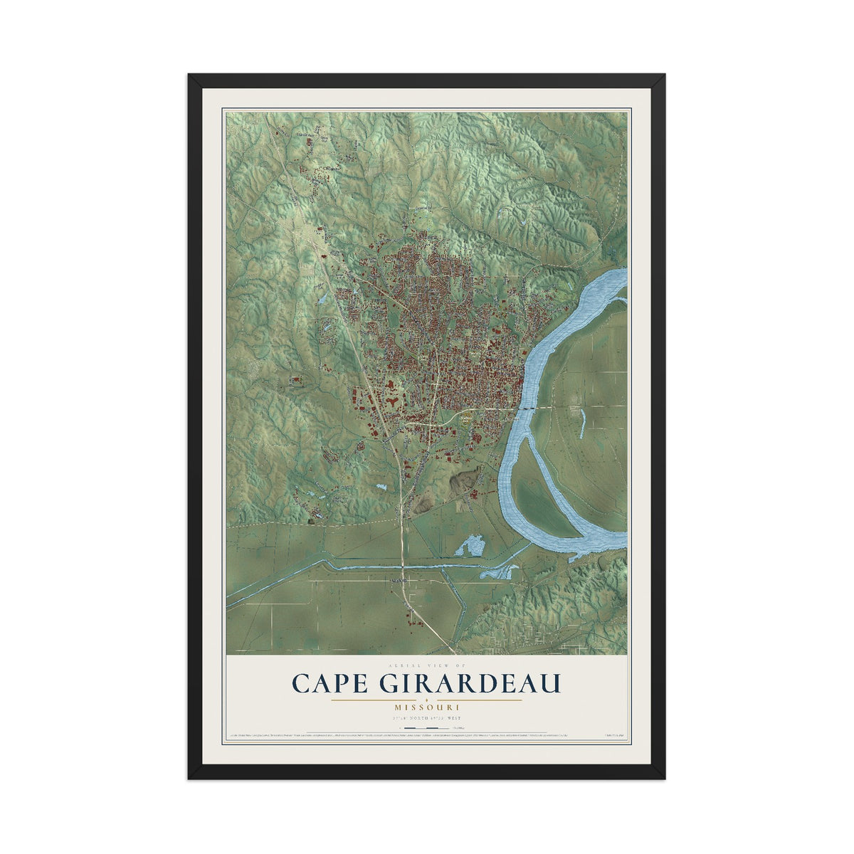 Map of Cape Girardeau, Missouri, 12 x 18 inch print in a black wood frame