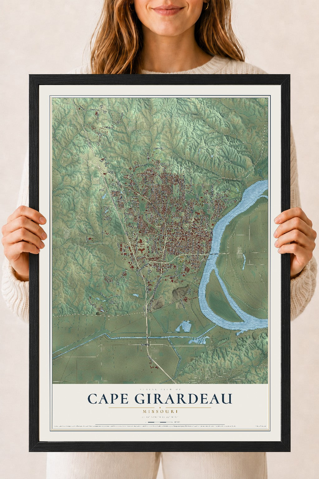 Map of Cape Girardeau, Missouri, 18 x 24 inch print in a black wood frame