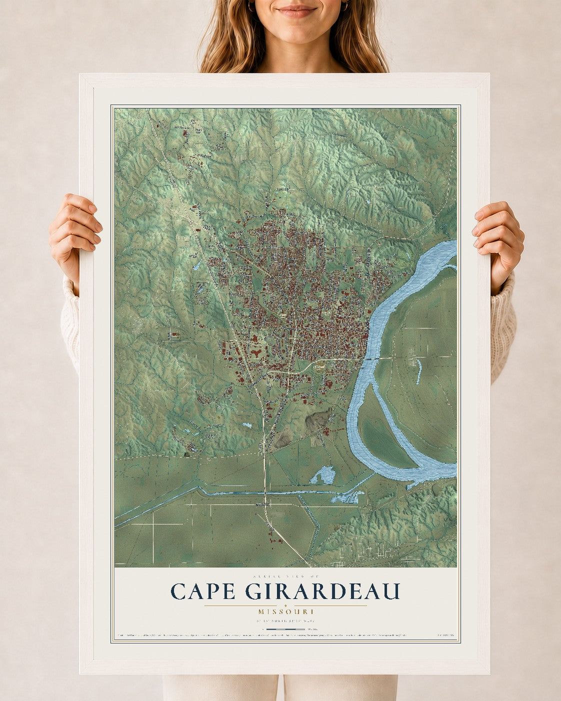 Map of Cape Girardeau, Missouri, 24 x 36 inch print in a white wood frame