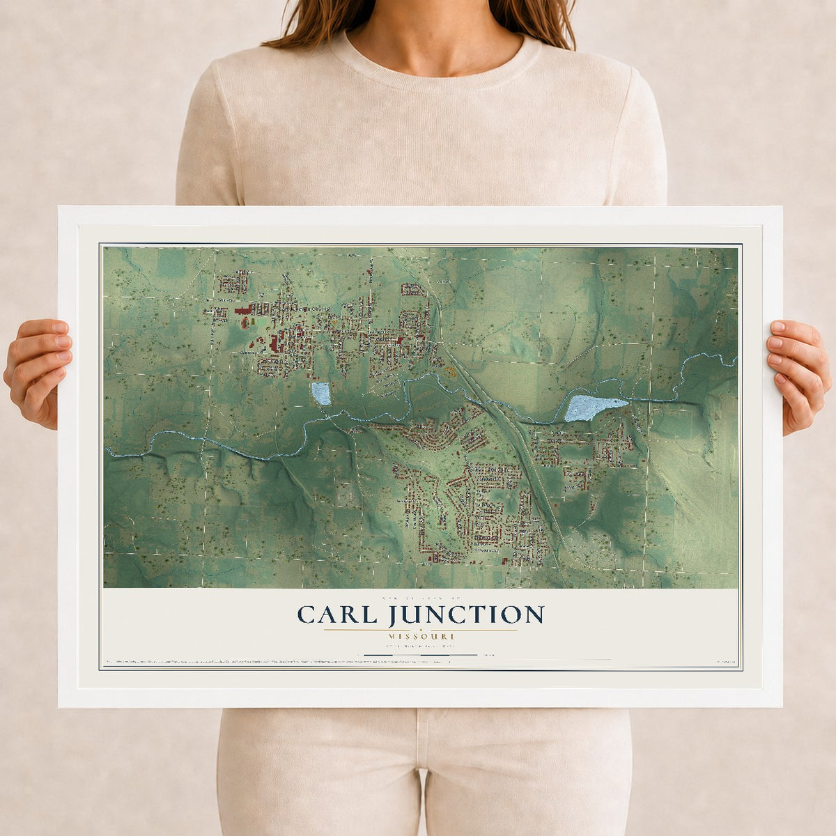Map of Carl Junction, Missouri, 12 x 18 inch print in a white wood frame