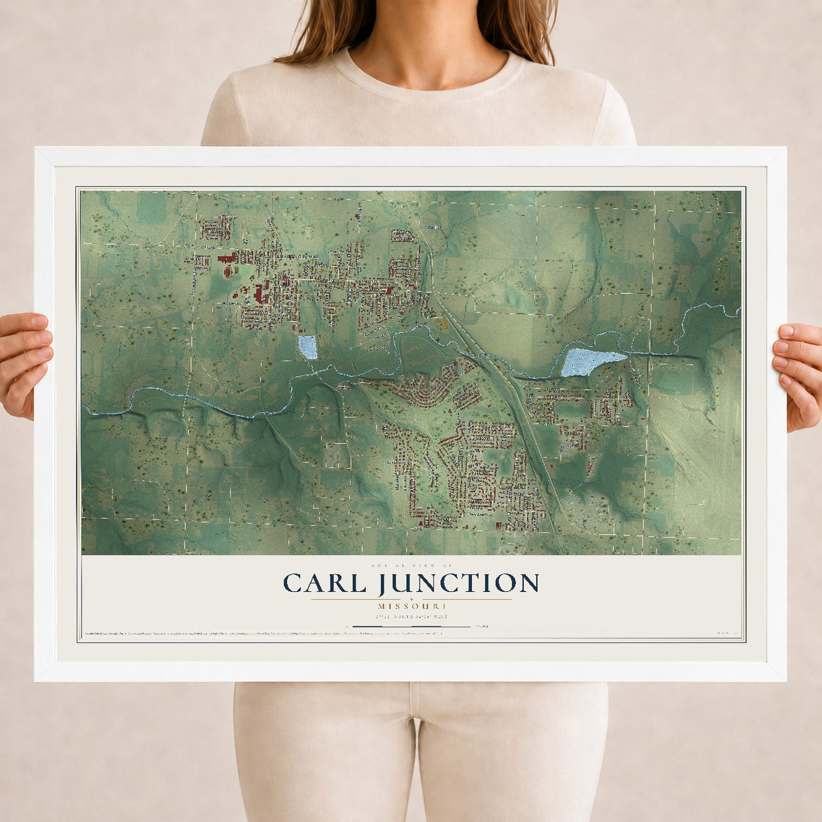 Map of Carl Junction, Missouri, 18 x 24 inch print in a white wood frame