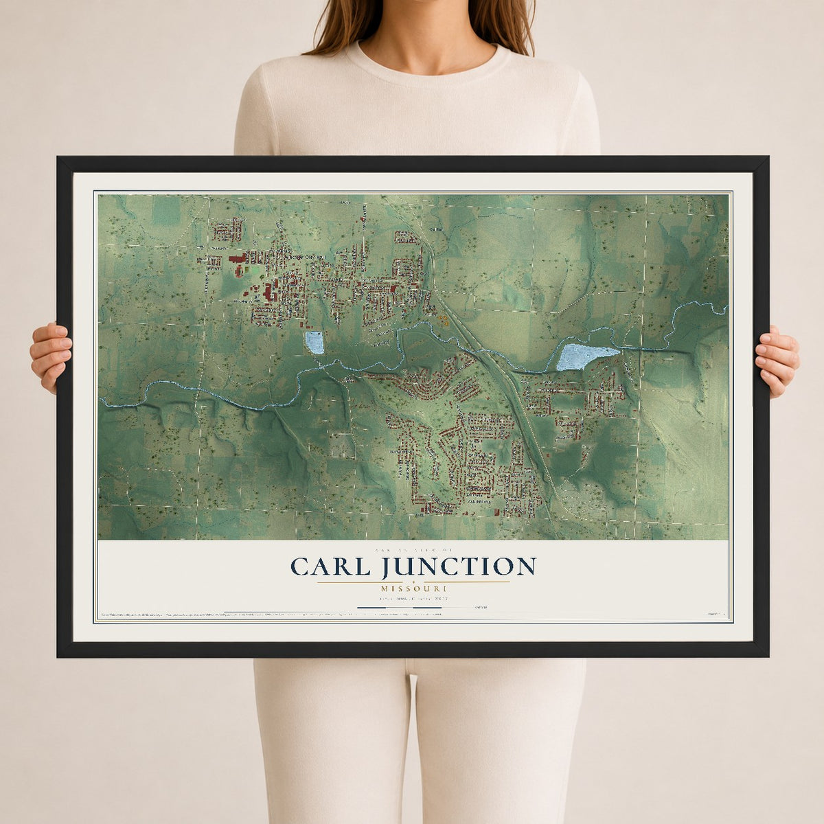 Map of Carl Junction, Missouri, 24 x 36 inch print in a black wood frame